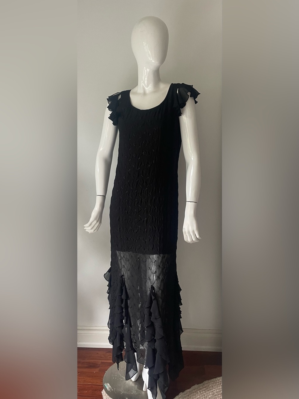 vintage barketti J.Kaur Black Ruffle Hem Evening Dress Sheer Floral Formal Gown - Picture 2 of 10